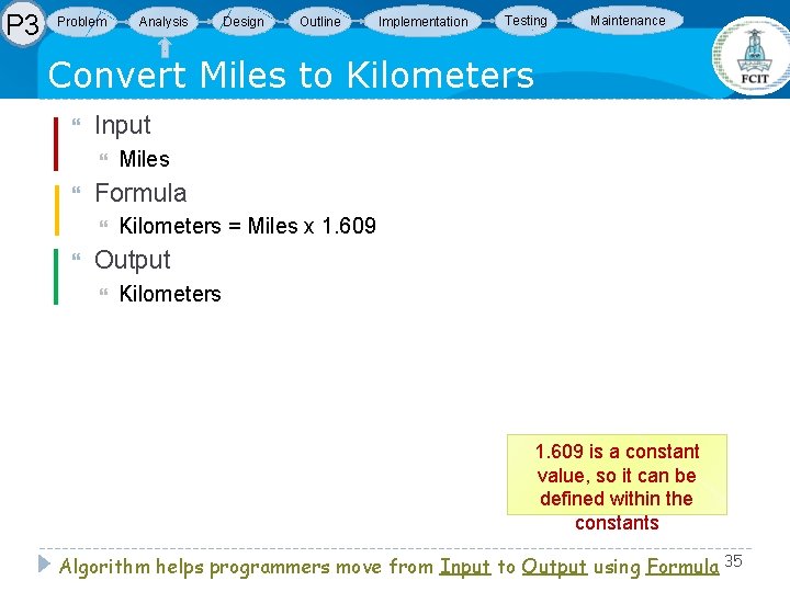 P 3 Problem Analysis Design Outline Implementation Testing Maintenance Convert Miles to Kilometers Input P 3 Problem Analysis Design Outline Implementation Testing Maintenance Convert Miles to Kilometers Input