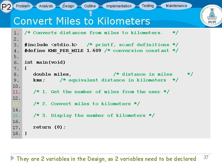 P 2 Problem Analysis Design Outline Implementation Testing Maintenance Convert Miles to Kilometers 1. P 2 Problem Analysis Design Outline Implementation Testing Maintenance Convert Miles to Kilometers 1.