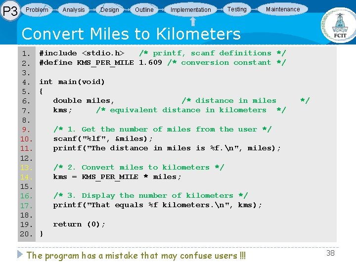 P 3 Problem Analysis Design Outline Implementation Testing Maintenance Convert Miles to Kilometers 1. P 3 Problem Analysis Design Outline Implementation Testing Maintenance Convert Miles to Kilometers 1.