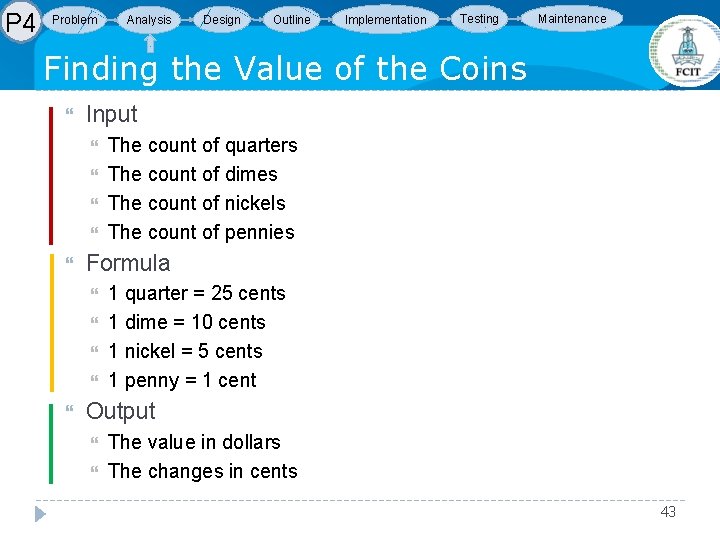 P 4 Problem Analysis Design Outline Implementation Testing Maintenance Finding the Value of the P 4 Problem Analysis Design Outline Implementation Testing Maintenance Finding the Value of the
