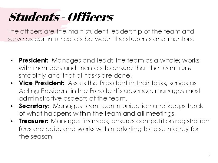 Students - Officers The officers are the main student leadership of the team and