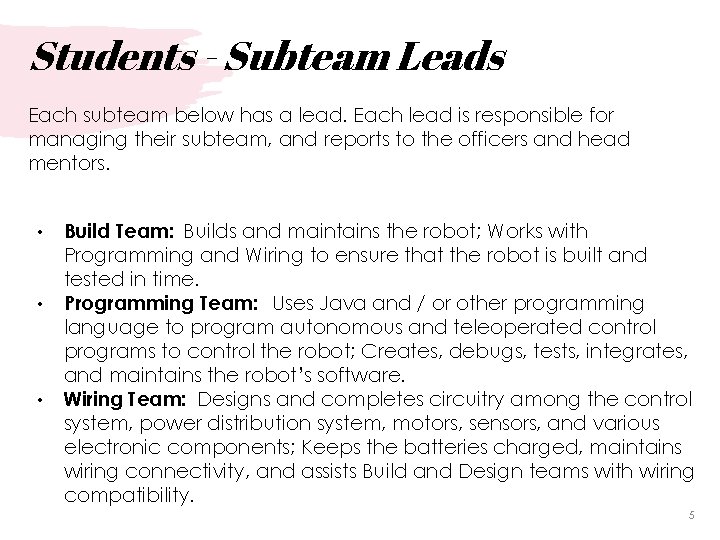 Students - Subteam Leads Each subteam below has a lead. Each lead is responsible