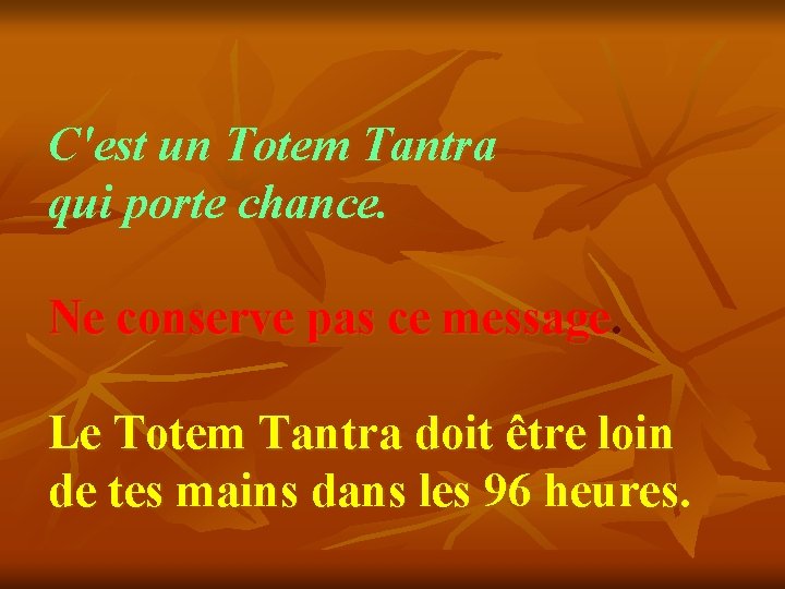 C'est un Totem Tantra qui porte chance. Ne conserve pas ce message. Le Totem