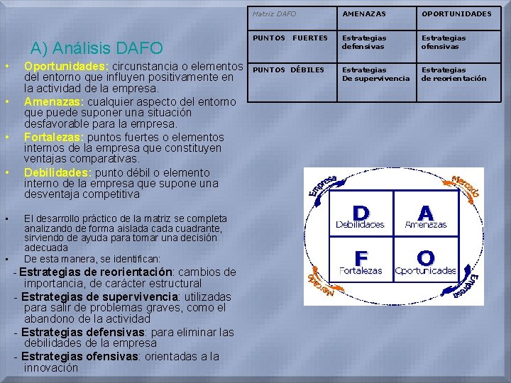 A) Análisis DAFO • • • Oportunidades: circunstancia o elementos del entorno que influyen