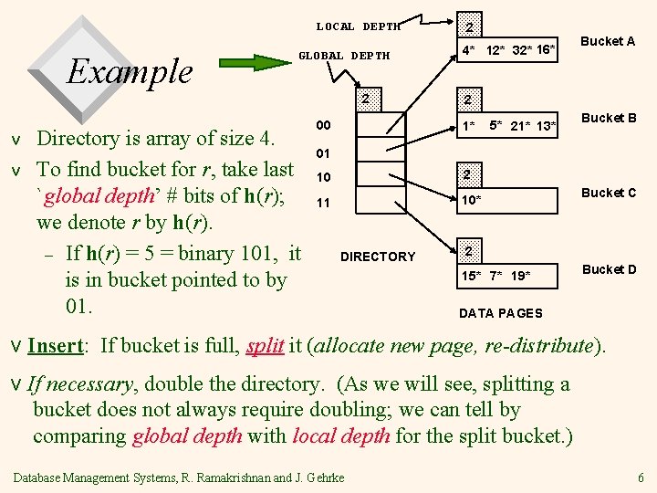 LOCAL DEPTH Example GLOBAL DEPTH 2 v v Directory is array of size 4.