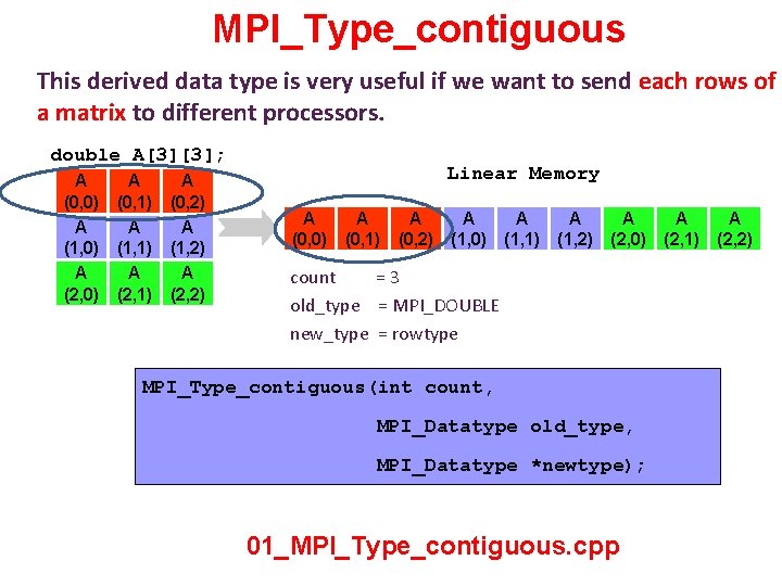 MPI_Type_contiguous This derived data type is very useful if we want to send each