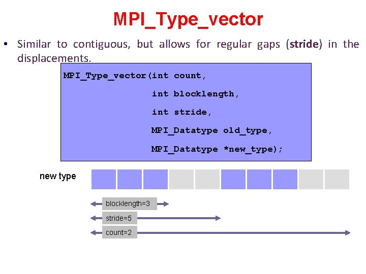 MPI_Type_vector • Similar to contiguous, but allows for regular gaps (stride) in the displacements.