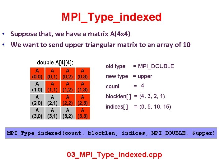 MPI_Type_indexed • Suppose that, we have a matrix A(4 x 4) • We want