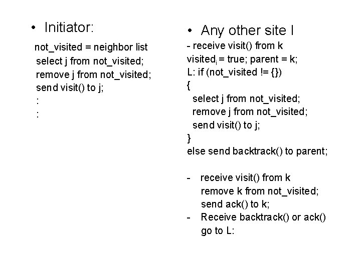  • Initiator: not_visited = neighbor list select j from not_visited; remove j from