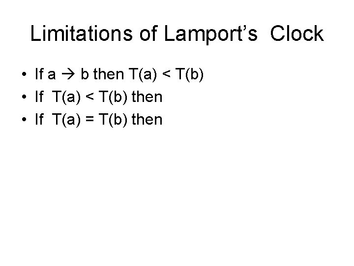 Limitations of Lamport’s Clock • If a b then T(a) < T(b) • If