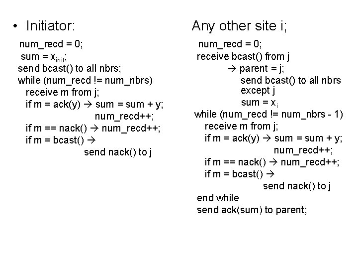  • Initiator: num_recd = 0; sum = xinit; send bcast() to all nbrs;