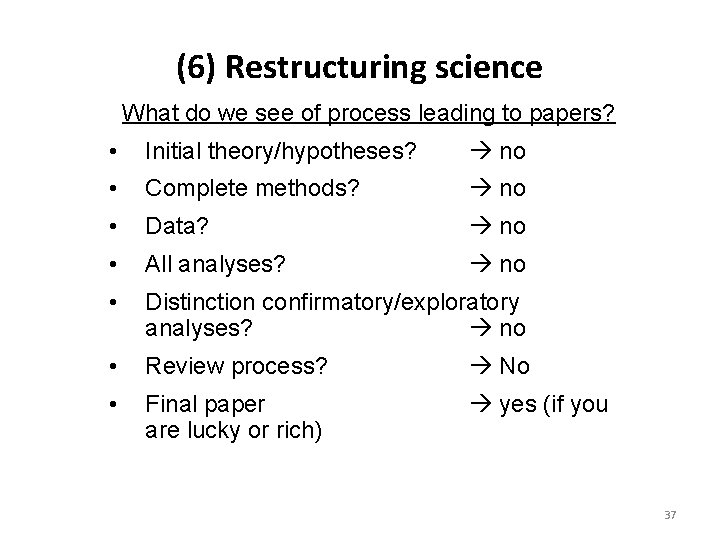 (6) Restructuring science What do we see of process leading to papers? • Initial