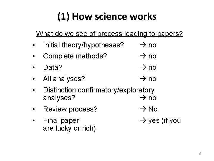 (1) How science works What do we see of process leading to papers? •