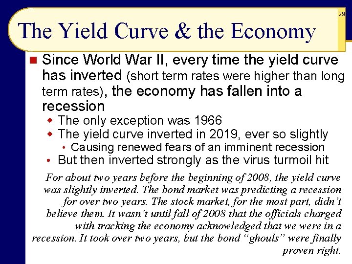 29 The Yield Curve & the Economy n Since World War II, every time