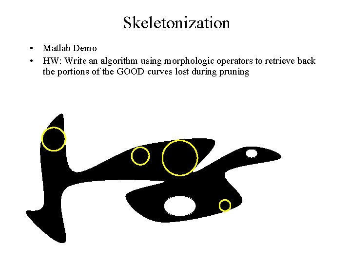 Skeletonization • Matlab Demo • HW: Write an algorithm using morphologic operators to retrieve