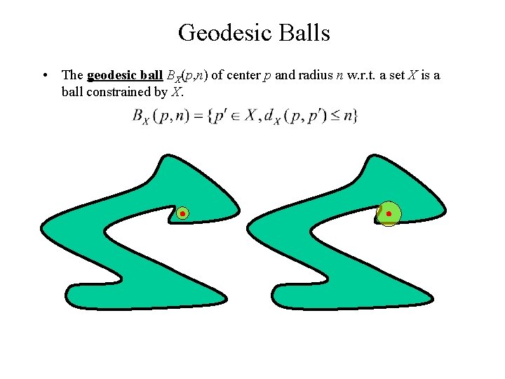 Geodesic Balls • The geodesic ball BX(p, n) of center p and radius n