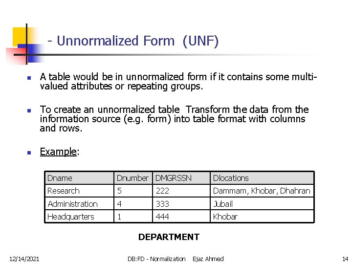 - Unnormalized Form (UNF) n n n A table would be in unnormalized form