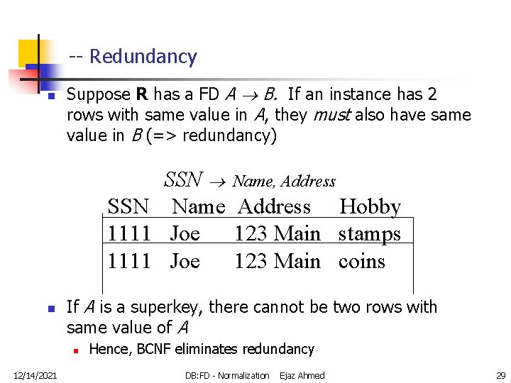 -- Redundancy n Suppose R has a FD A B. If an instance has