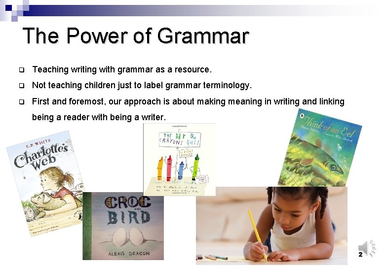 The Power of Grammar q Teaching writing with grammar as a resource. q Not
