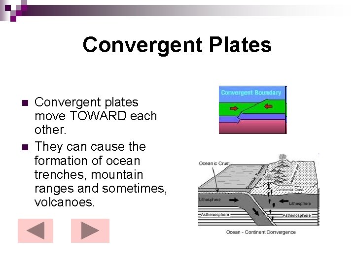 Convergent Plates n n Convergent plates move TOWARD each other. They can cause the