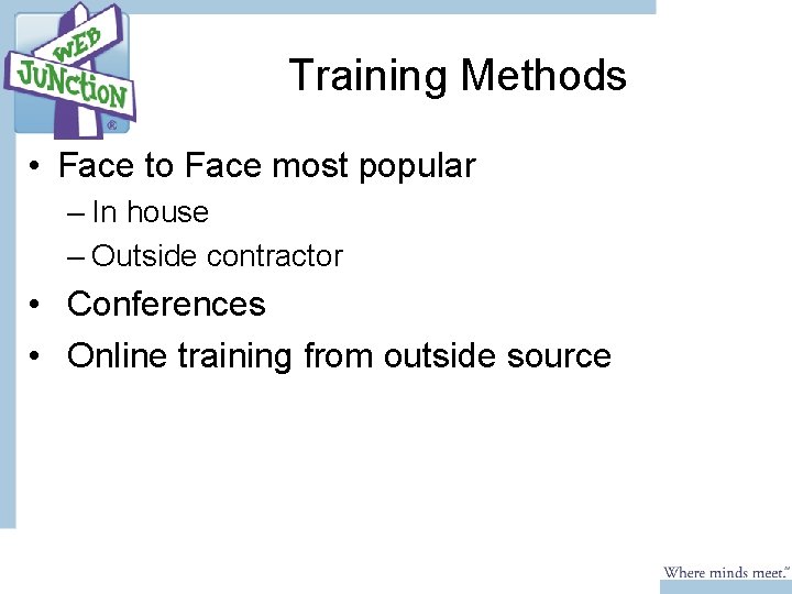 Training Methods • Face to Face most popular – In house – Outside contractor