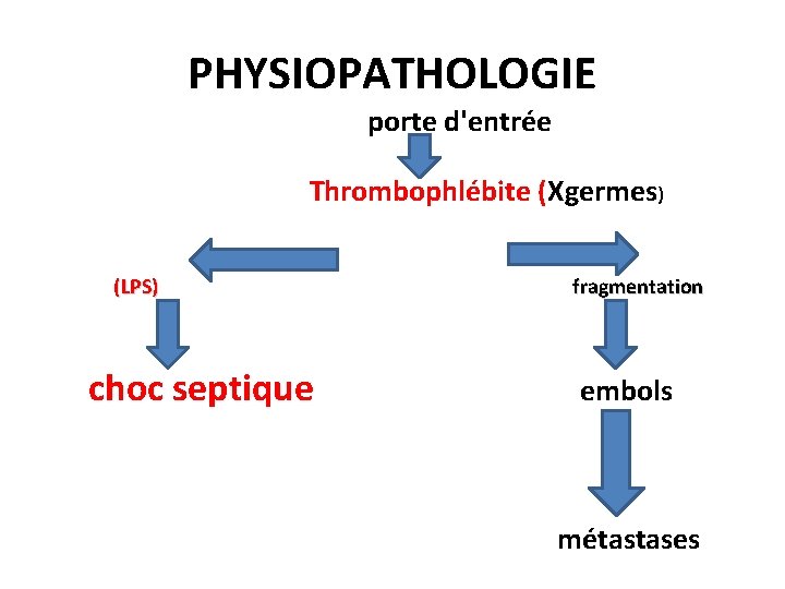 PHYSIOPATHOLOGIE porte d'entrée Thrombophlébite (Xgermes) (LPS) choc septique fragmentation embols métastases 