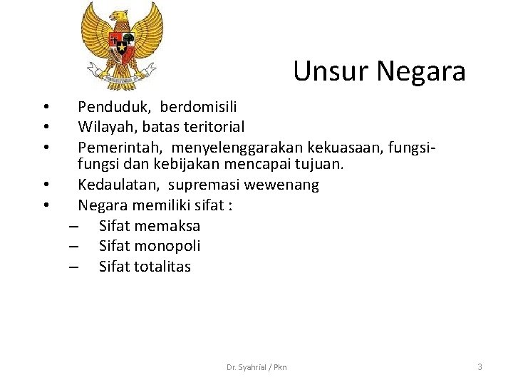 Unsur Negara • • • Penduduk, berdomisili Wilayah, batas teritorial Pemerintah, menyelenggarakan kekuasaan, fungsi