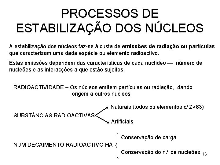 PROCESSOS DE ESTABILIZAÇÃO DOS NÚCLEOS A estabilização dos núcleos faz-se à custa de emissões