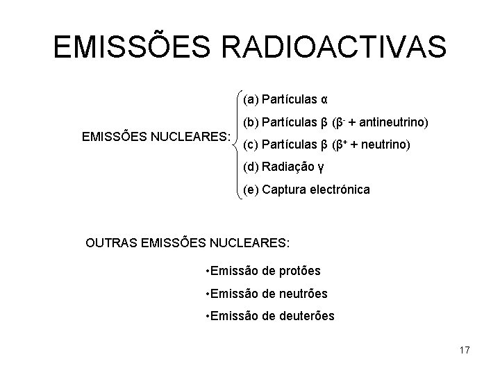 EMISSÕES RADIOACTIVAS (a) Partículas α (b) Partículas β (β- + antineutrino) EMISSÕES NUCLEARES: (c)