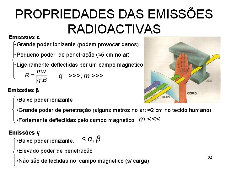 PROPRIEDADES DAS EMISSÕES RADIOACTIVAS Emissões α • Grande poder ionizante (podem provocar danos) •