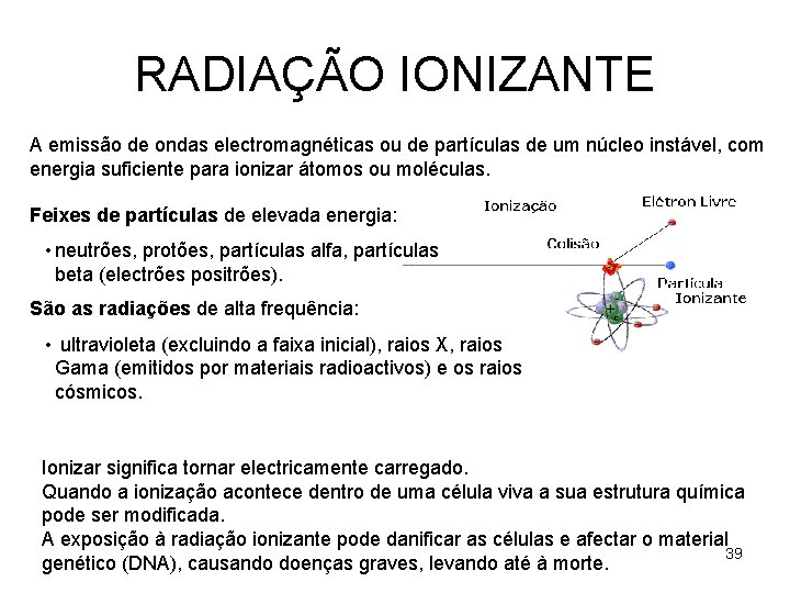 RADIAÇÃO IONIZANTE A emissão de ondas electromagnéticas ou de partículas de um núcleo instável,