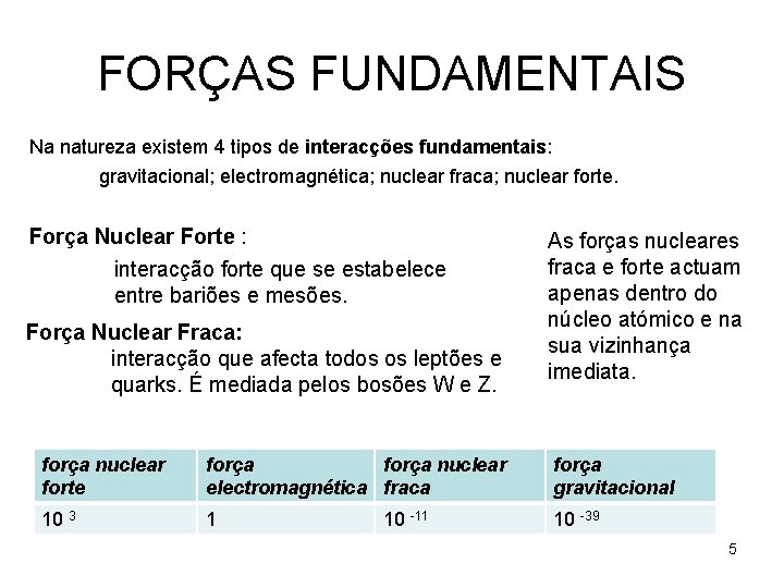 FORÇAS FUNDAMENTAIS Na natureza existem 4 tipos de interacções fundamentais: gravitacional; electromagnética; nuclear fraca;