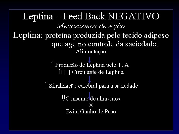 Leptina – Feed Back NEGATIVO Mecanismos de Ação Leptina: proteína produzida pelo tecido adiposo