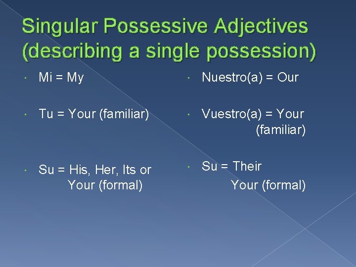 Singular Possessive Adjectives (describing a single possession) Mi = My Nuestro(a) = Our Tu