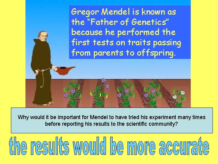 Gregor Mendel is known as the “Father of Genetics” because he performed the first