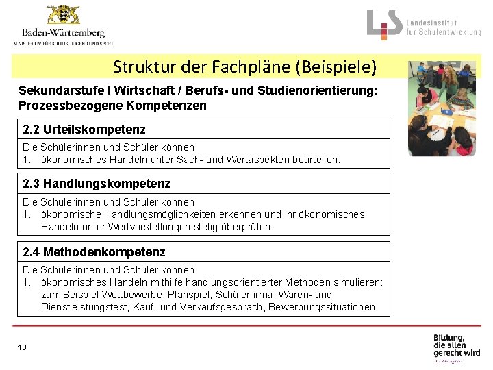 Struktur der Fachpläne (Beispiele) Sekundarstufe I Wirtschaft / Berufs- und Studienorientierung: Prozessbezogene Kompetenzen 2.