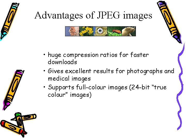 Advantages of JPEG images • huge compression ratios for faster downloads • Gives excellent