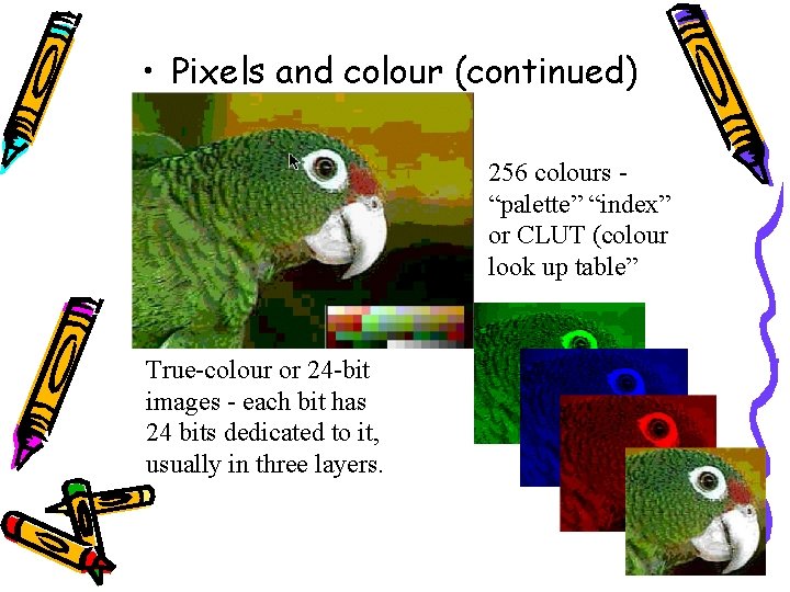  • Pixels and colour (continued) 256 colours “palette” “index” or CLUT (colour look