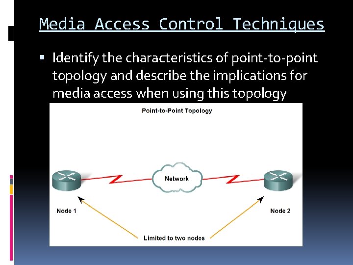 Media Access Control Techniques Identify the characteristics of point-to-point topology and describe the implications