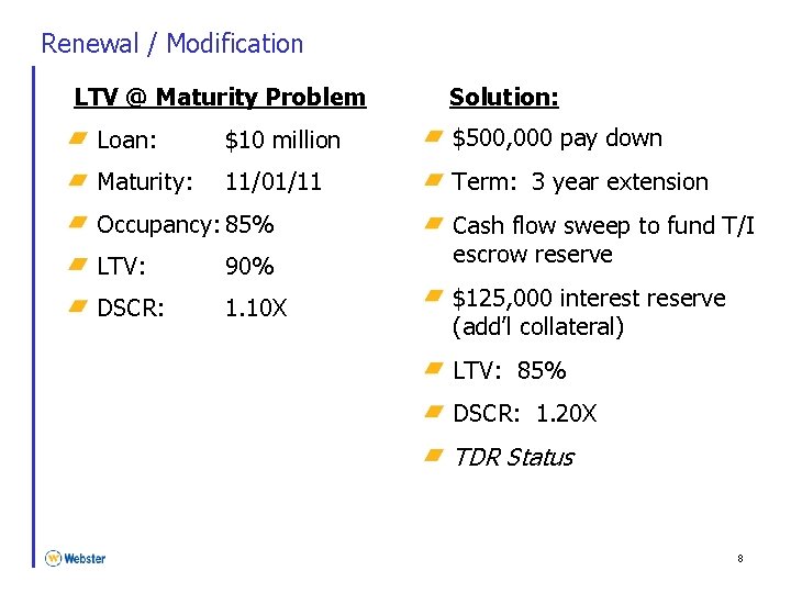 Renewal / Modification LTV @ Maturity Problem Solution: Loan: $10 million $500, 000 pay