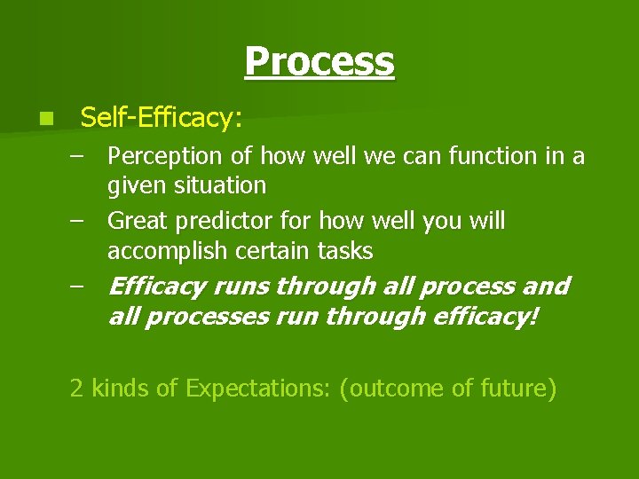 Process n Self-Efficacy: – Perception of how well we can function in a given