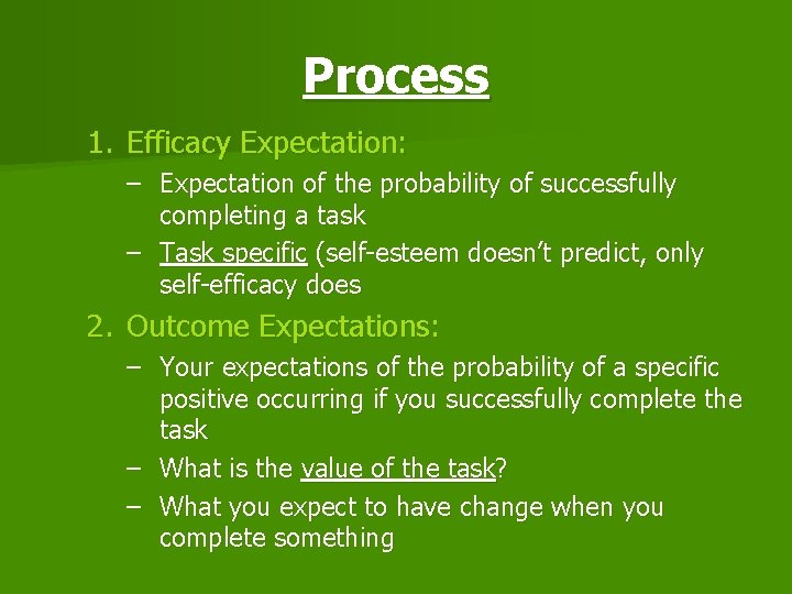 Process 1. Efficacy Expectation: – Expectation of the probability of successfully completing a task