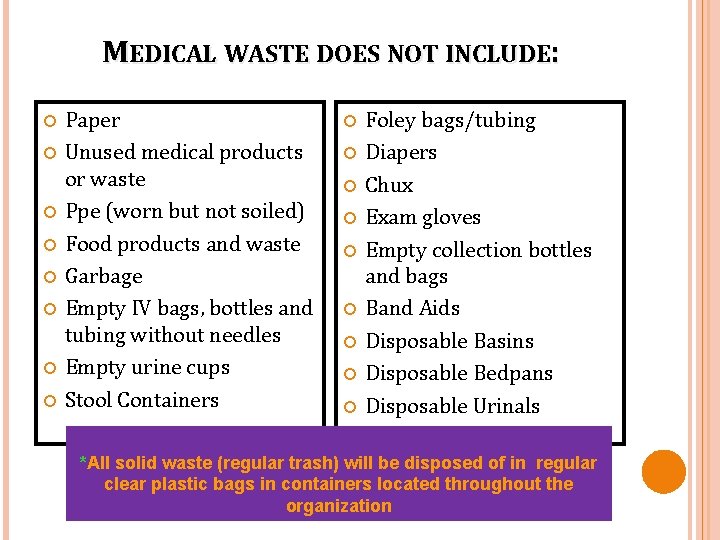 MEDICAL WASTE DOES NOT INCLUDE: Paper Unused medical products or waste Ppe (worn but