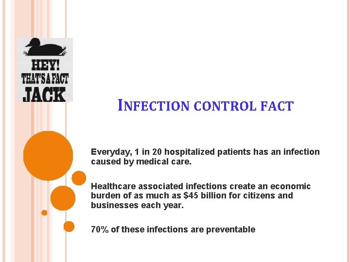 INFECTION CONTROL FACT Everyday, 1 in 20 hospitalized patients has an infection caused by