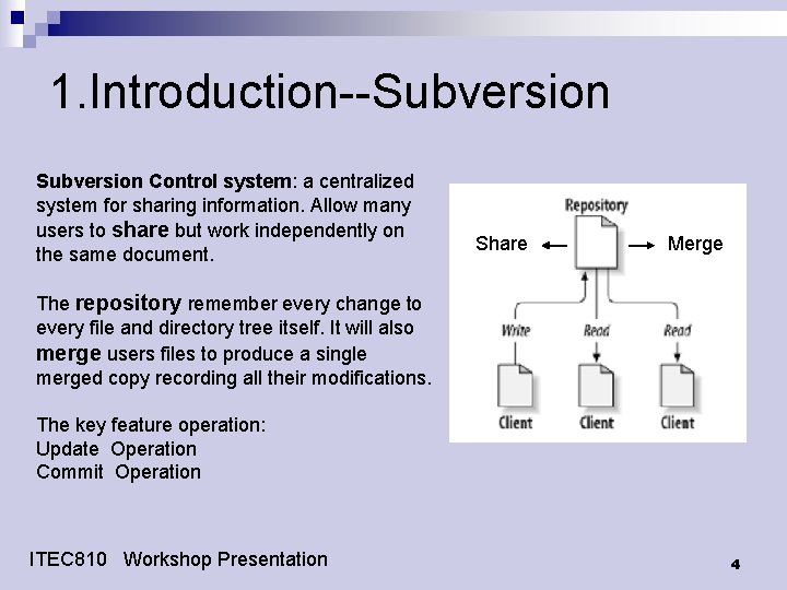 1. Introduction--Subversion Control system: a centralized system for sharing information. Allow many users to 1. Introduction--Subversion Control system: a centralized system for sharing information. Allow many users to