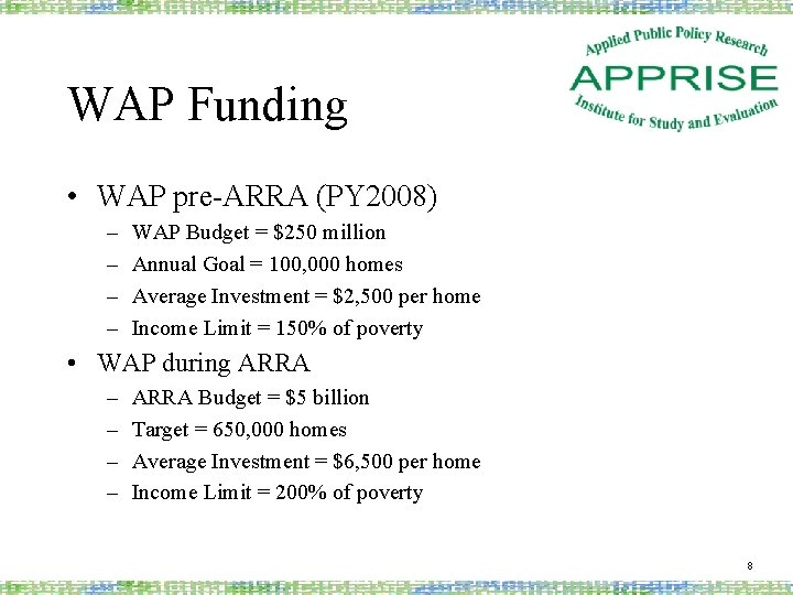 WAP Funding • WAP pre-ARRA (PY 2008) – – WAP Budget = $250 million