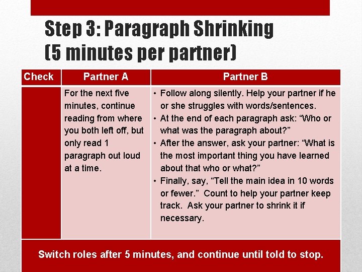 Step 3: Paragraph Shrinking (5 minutes per partner) Check Partner A Partner B For