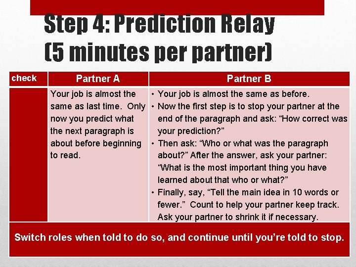 Step 4: Prediction Relay (5 minutes per partner) check Partner A Partner B Your