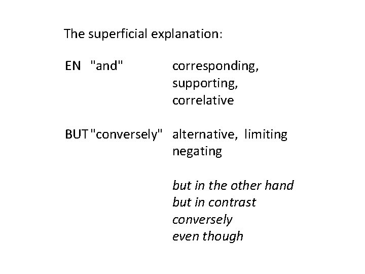 The superficial explanation: EN "and" corresponding, supporting, correlative BUT "conversely" alternative, limiting negating but