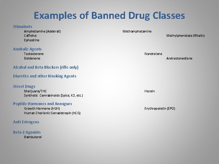 Examples of Banned Drug Classes Stimulants Amphetamine (Adderall) Caffeine Ephedrine Anabolic Agents Testosterone Boldenone